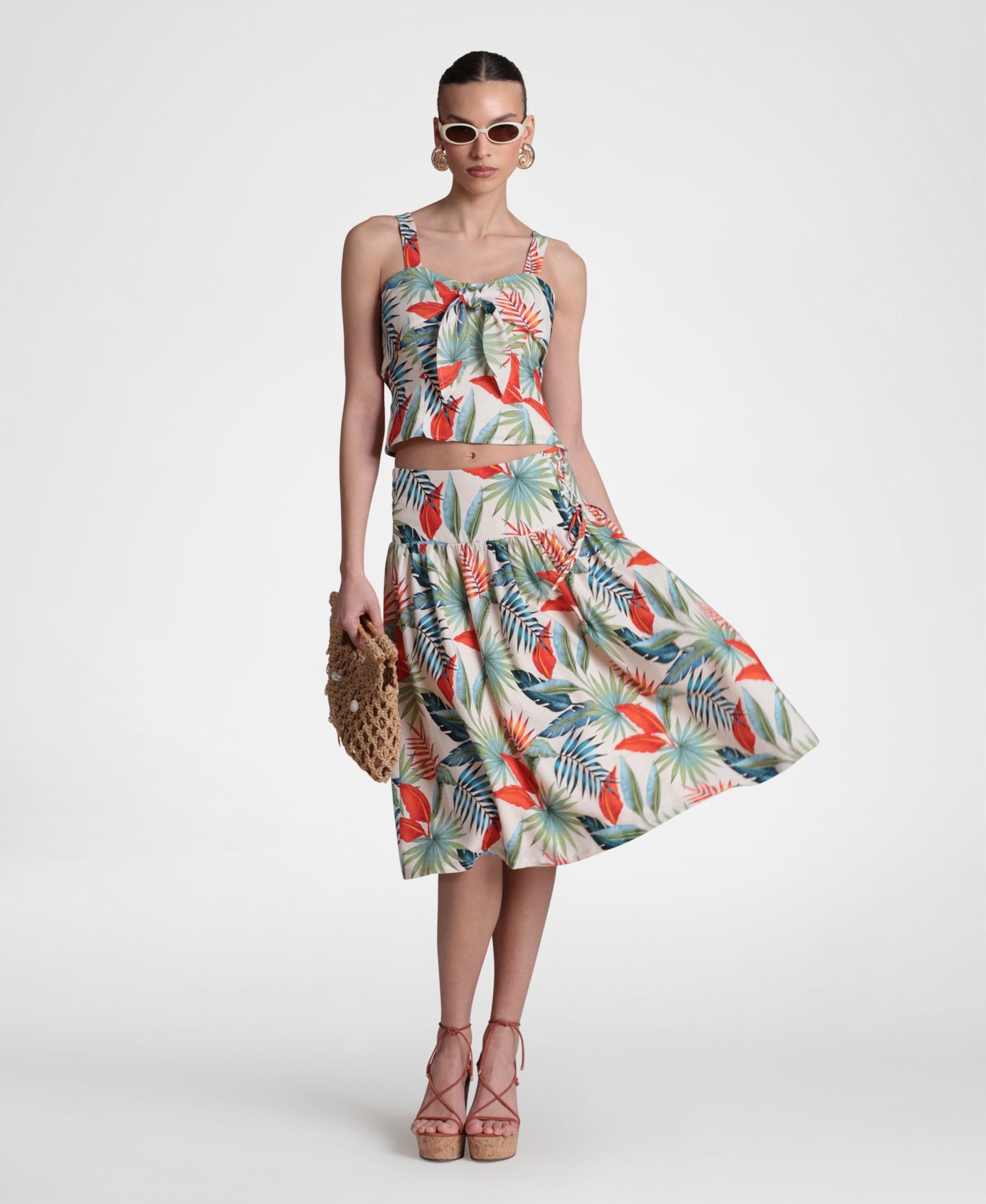 Женская юбка Avec Les Filles Linen-Blend Side Tie Midi, цвет: Birds Of Paradise — фото 3