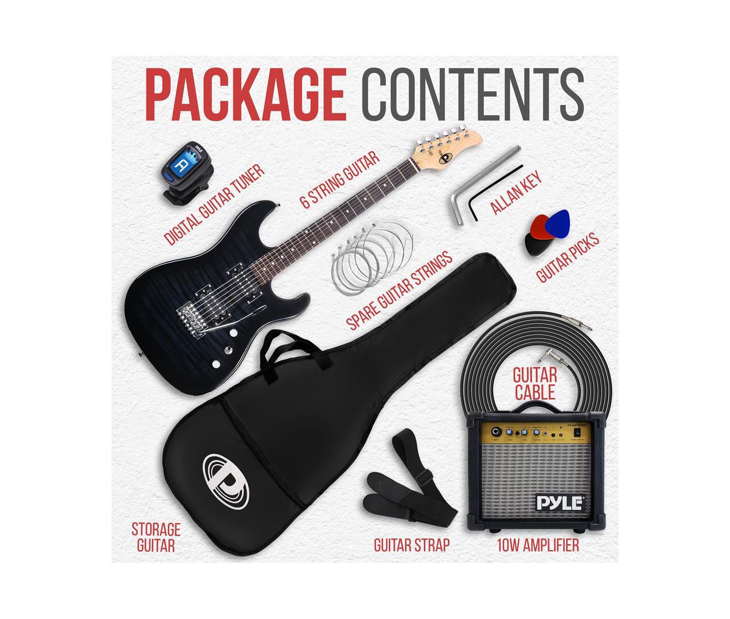 Детские игрушки Pyle 39.4" Electric Guitar Kit with Amplifier, Digital Tuner & Accessories - PEGKT99BK — фото 9
