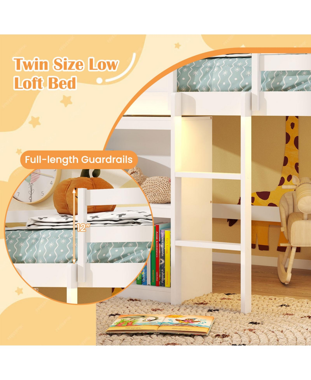 Gymax Twin Size Loft Bed w/ Led Lights and Roof Window and Storage Bookshelf and Guardrails