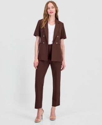 Women's Faux Double-Breasted Short-Sleeve Jacket & Stretch Crepe Hollywood-Waist Straight Ankle Pants