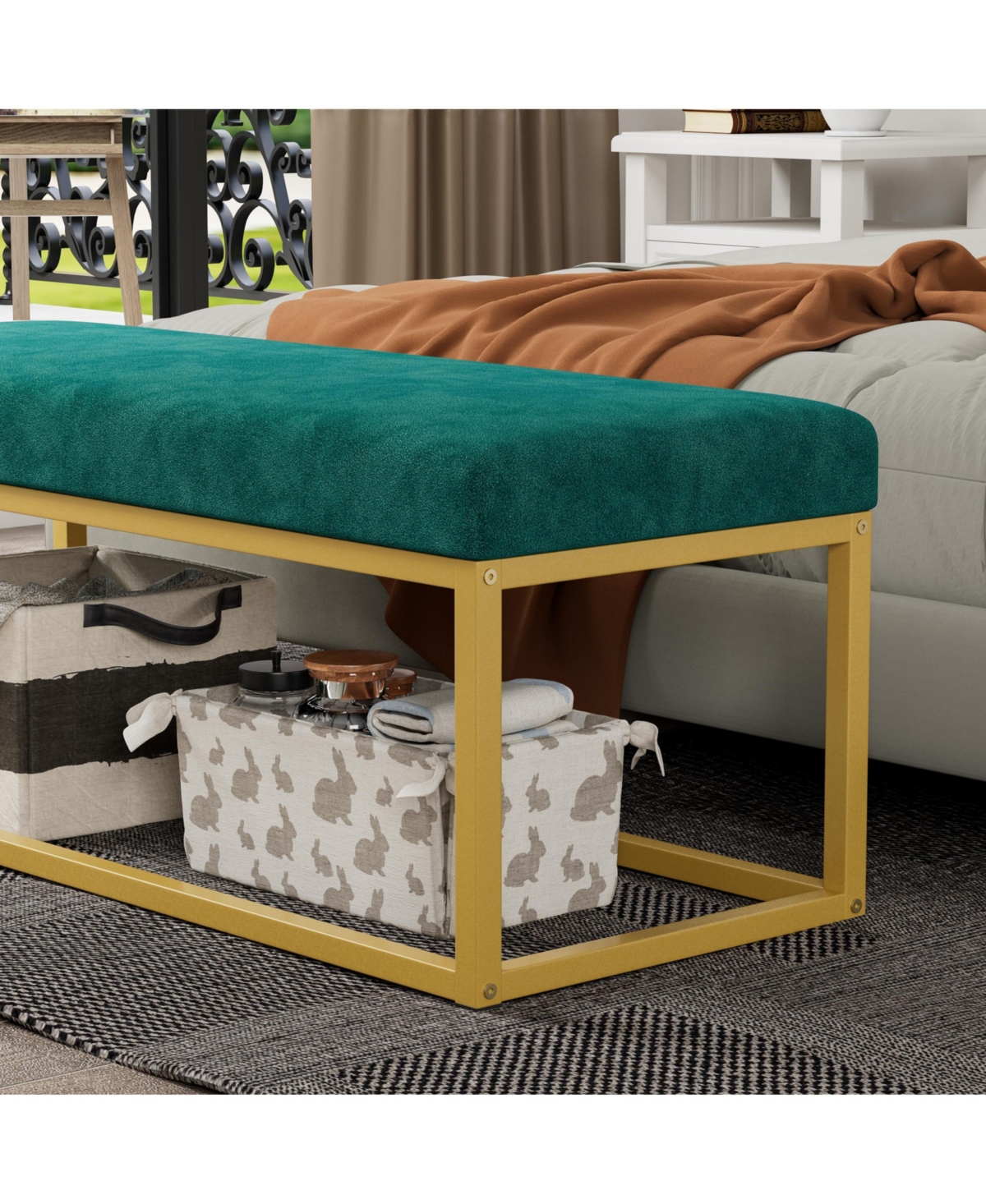 Flynama Mid-Century Modern Storage Bench with Steel Frame