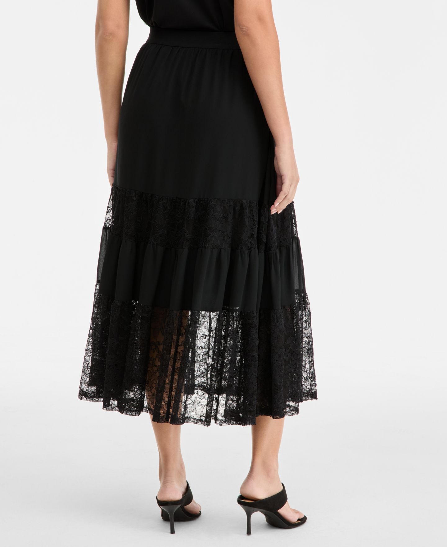 Женская юбка I.N.C. International Concepts Lace-Trim Tiered Midi, цвет: Глубокий чёрный — фото 3