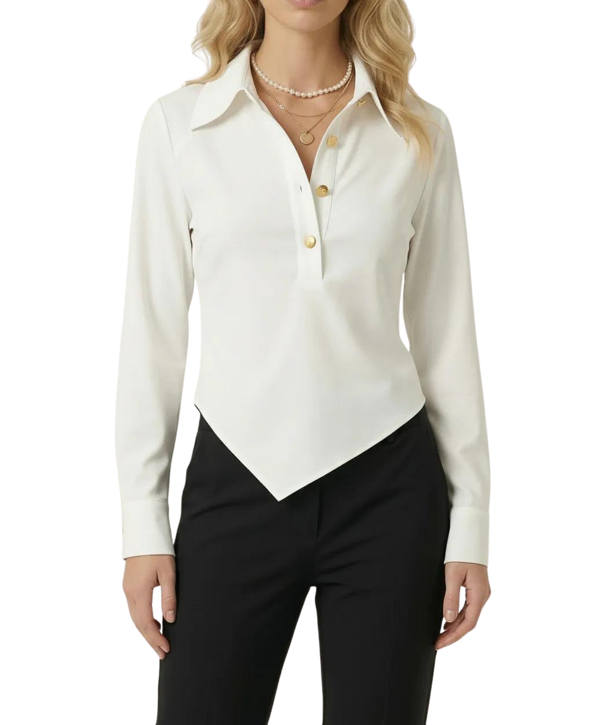 Modenaire Women's Collared Button-Front Asymmetrical-Hem Blouse