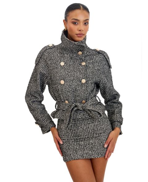 Женские куртки Miss Circle Sadie Black and White Tweed High Collar Belted Mini Jacket