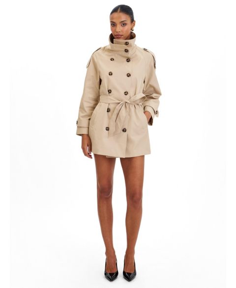 Женские куртки Miss Circle Vanetta Tan High Collar Double-Breasted Trench Mini Coat