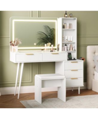 48" Modern Vanity Desk with Glass Top, LED Mirror, 5 Drawers, 3 Shelves & Charging Station