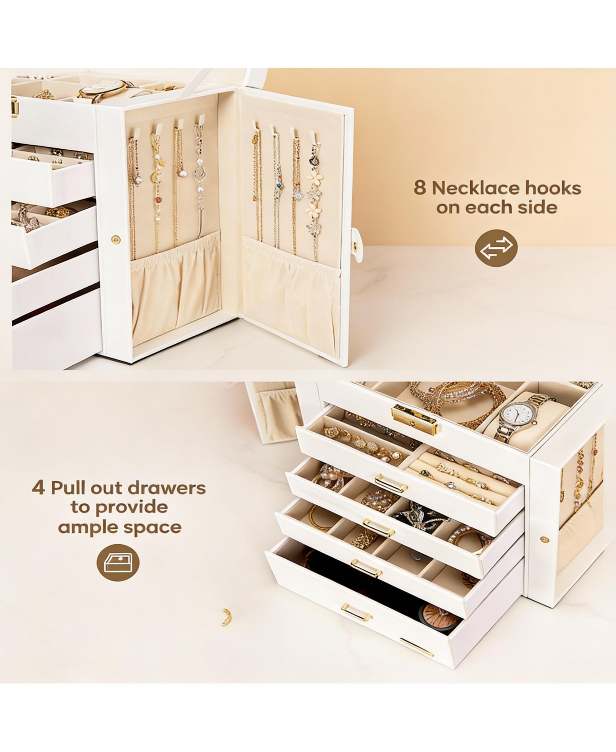 Yigii Leather Jewelry & Watch Organizer with Drawers and Mirrors