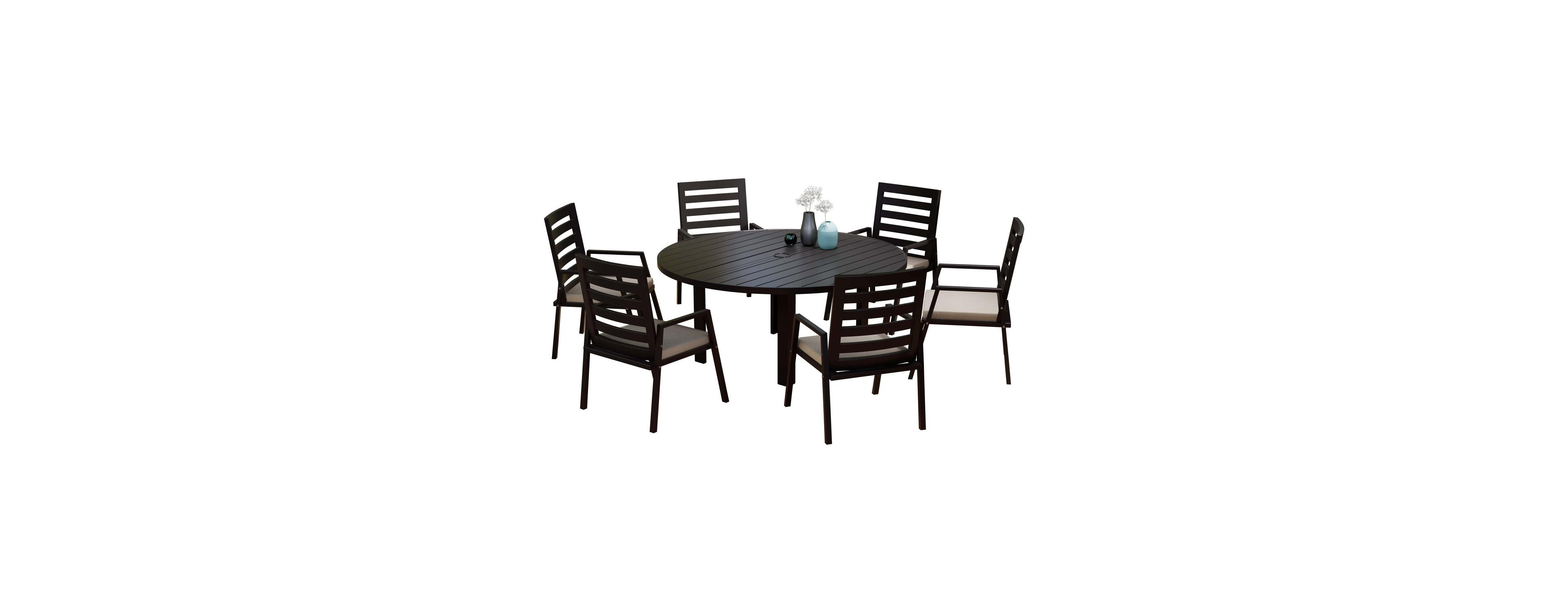 Leisuremod Chelsea 7-Piece Aluminum Outdoor Dining Set 60 inches. Round Table and 6 Armchair with Cushions
