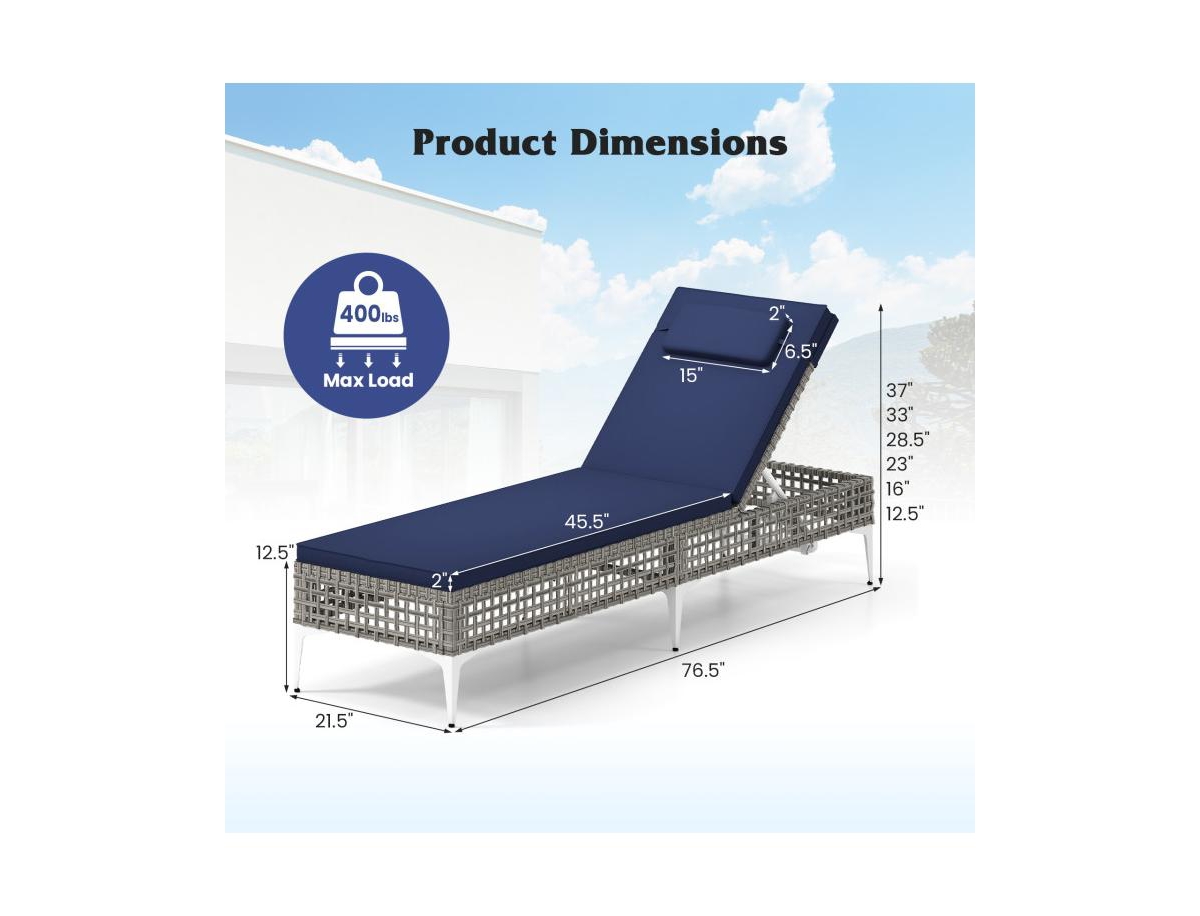 Boyel Living Patio Chaise Lounge Chair with 6-Level Adjustable Backrest and Headrest for Poolside