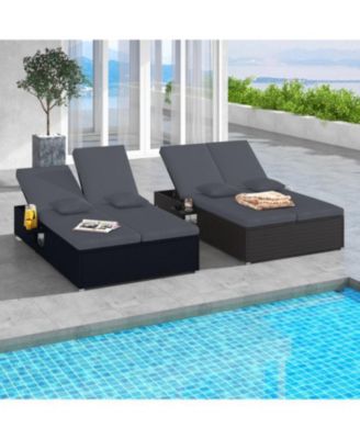 Patio Double Chaise Lounge with Cushions and Folding Side Trays