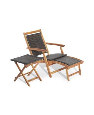 2 Pieces Patio Rattan Folding Lounge Chair with Acacia Wood Table