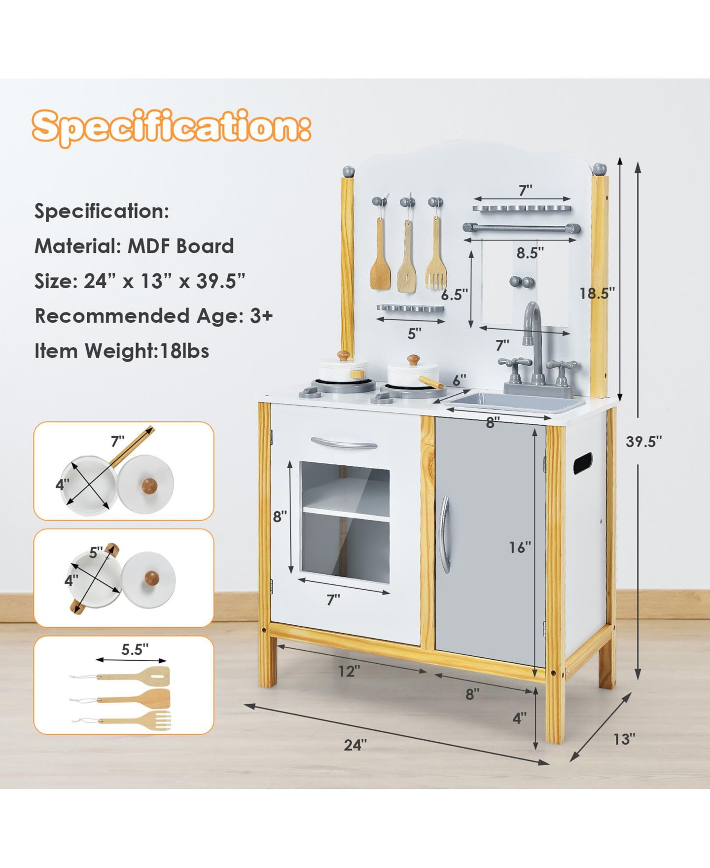Детские игрушки Costway Play Kitchen with Storage Cabinet 6-Piece Set, Ages 3+, цвет: Белый — фото 11