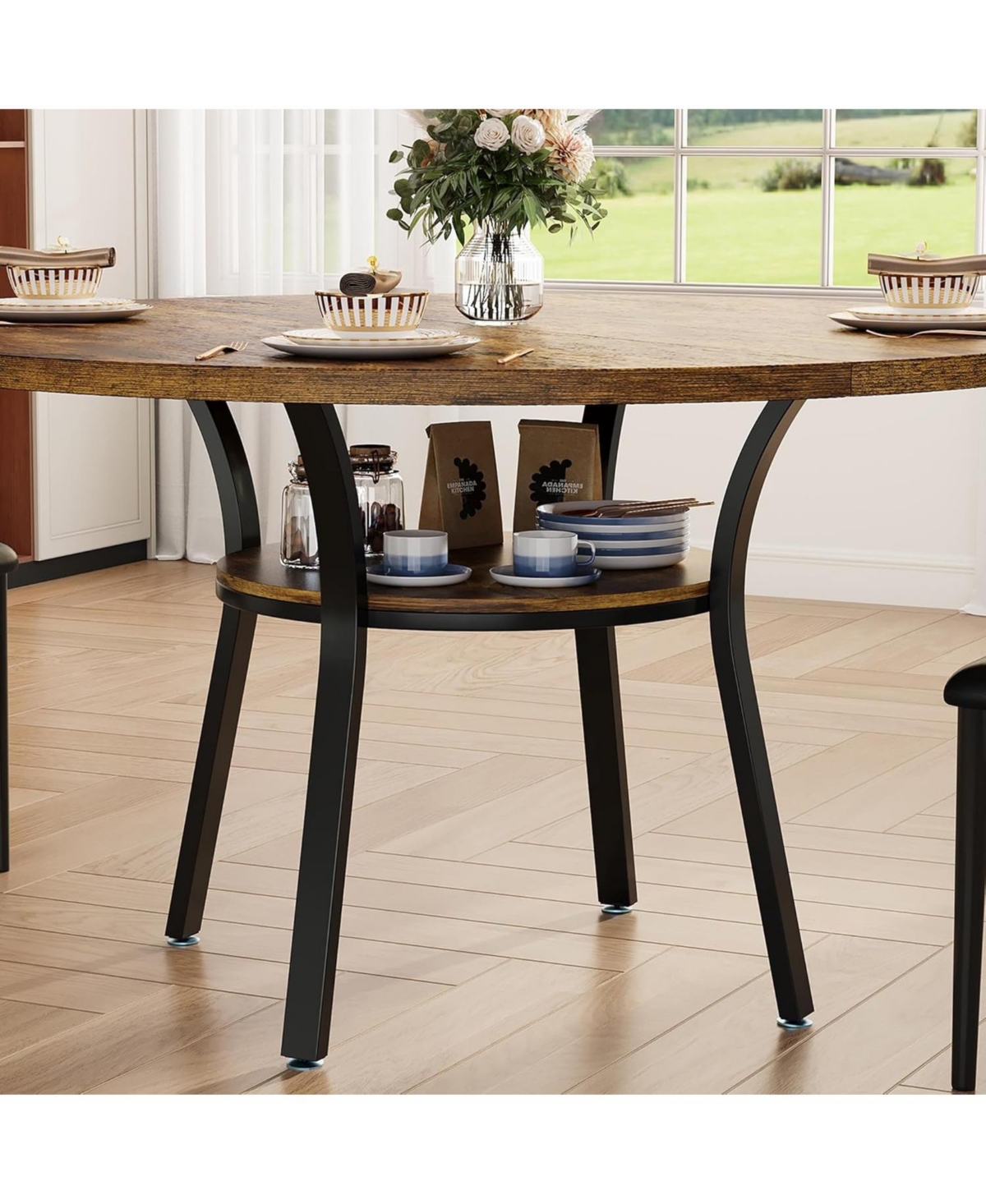 gaomon 47" Round Dining Table for 4-6, Sturdy Wood Top & Metal Base, Compact Small Spaces