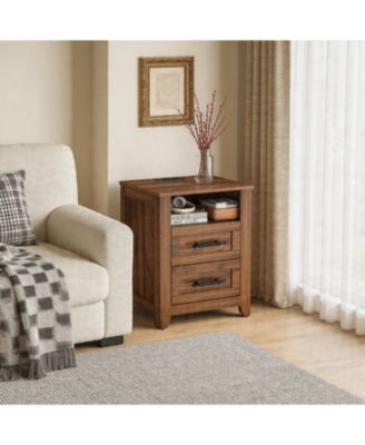End Table with USB/Type-C/AC Outlets, Sofa Side Table with 2 Drawers, Storage Rustic Wood Square Nightstand for Living Room,Bedroom,Office