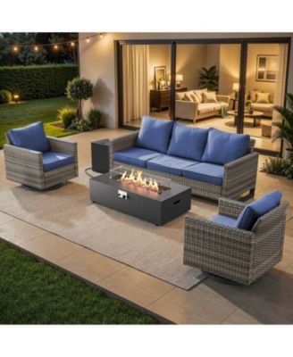 Outdoor Patio Furniture Set with Fire Pit Table, Rattan Wicker Swivel Rocker Chairs Sets with Swivel Glider Chair and Fire Pit Kit