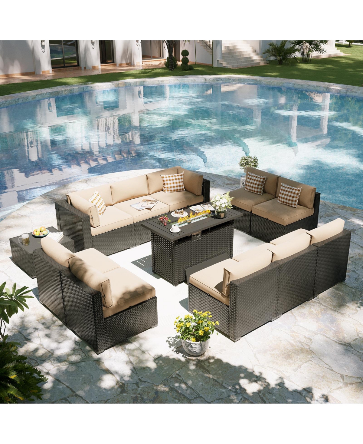 Aoxun 12-Piece Outdoor Wicker Patio Conversation Set with 44" Propane Fire Pit Table and Khaki Cushions