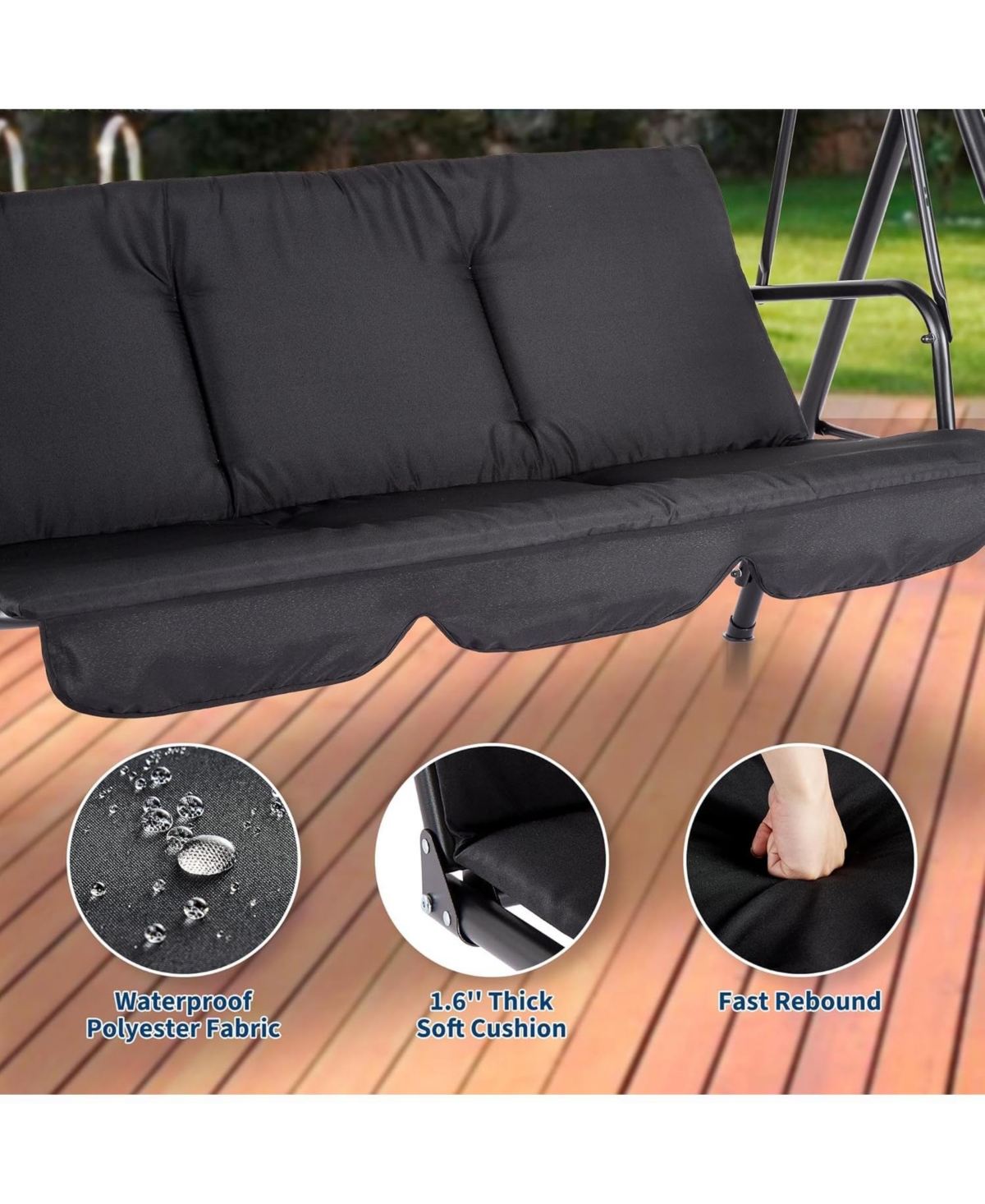 gaomon 3-Seat Patio Swing Chair With Adjustable Canopy And Thick Waterproof Cushions, Outdoor Steel Frame Porch