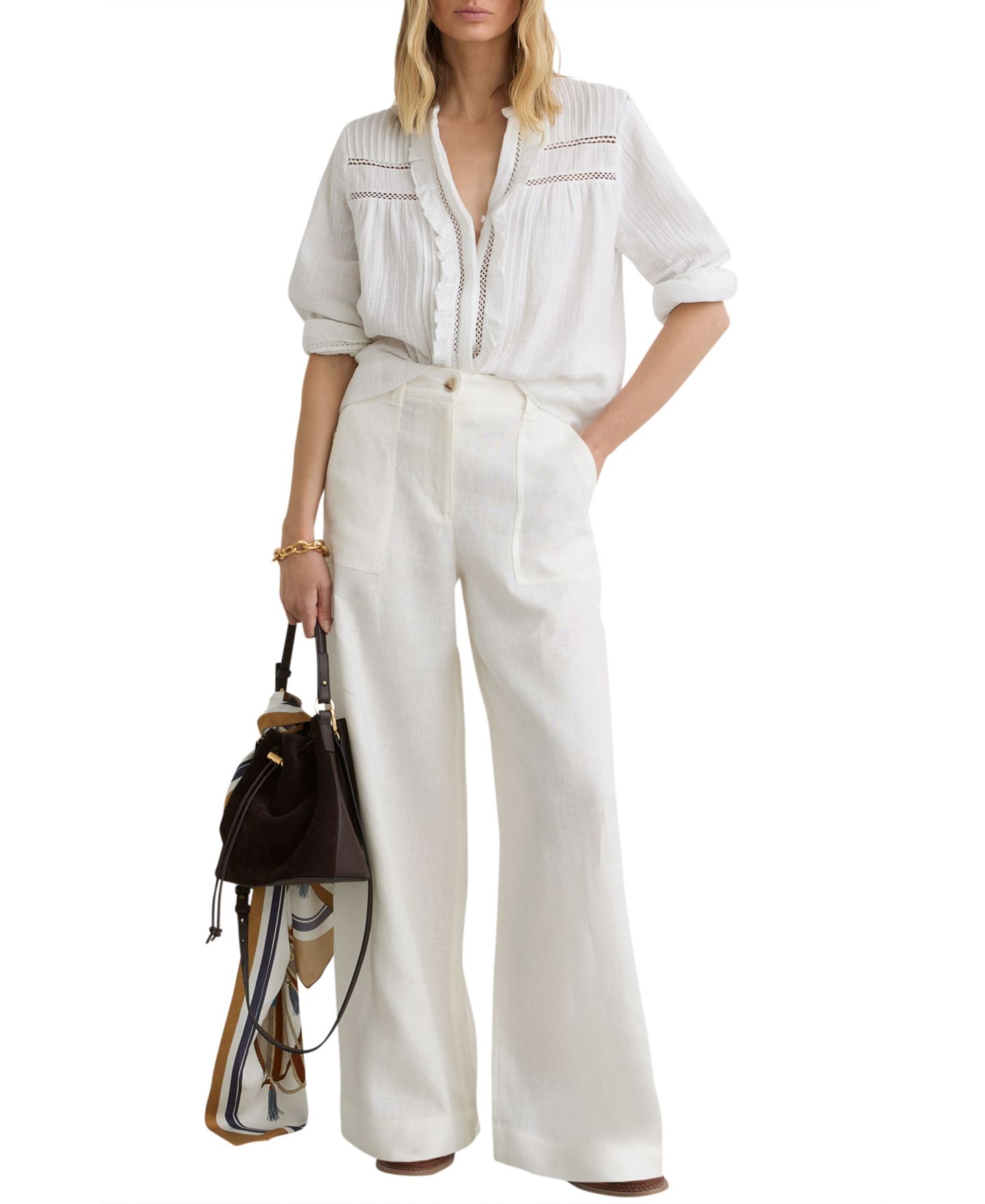 Женский топ REISS Cotton Cheesecloth Long-Sleeve, цвет: Слоновая кость — фото 3