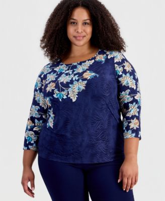 Plus Size Printed  Scoop Neck 3/4-Sleeve T-Shirt