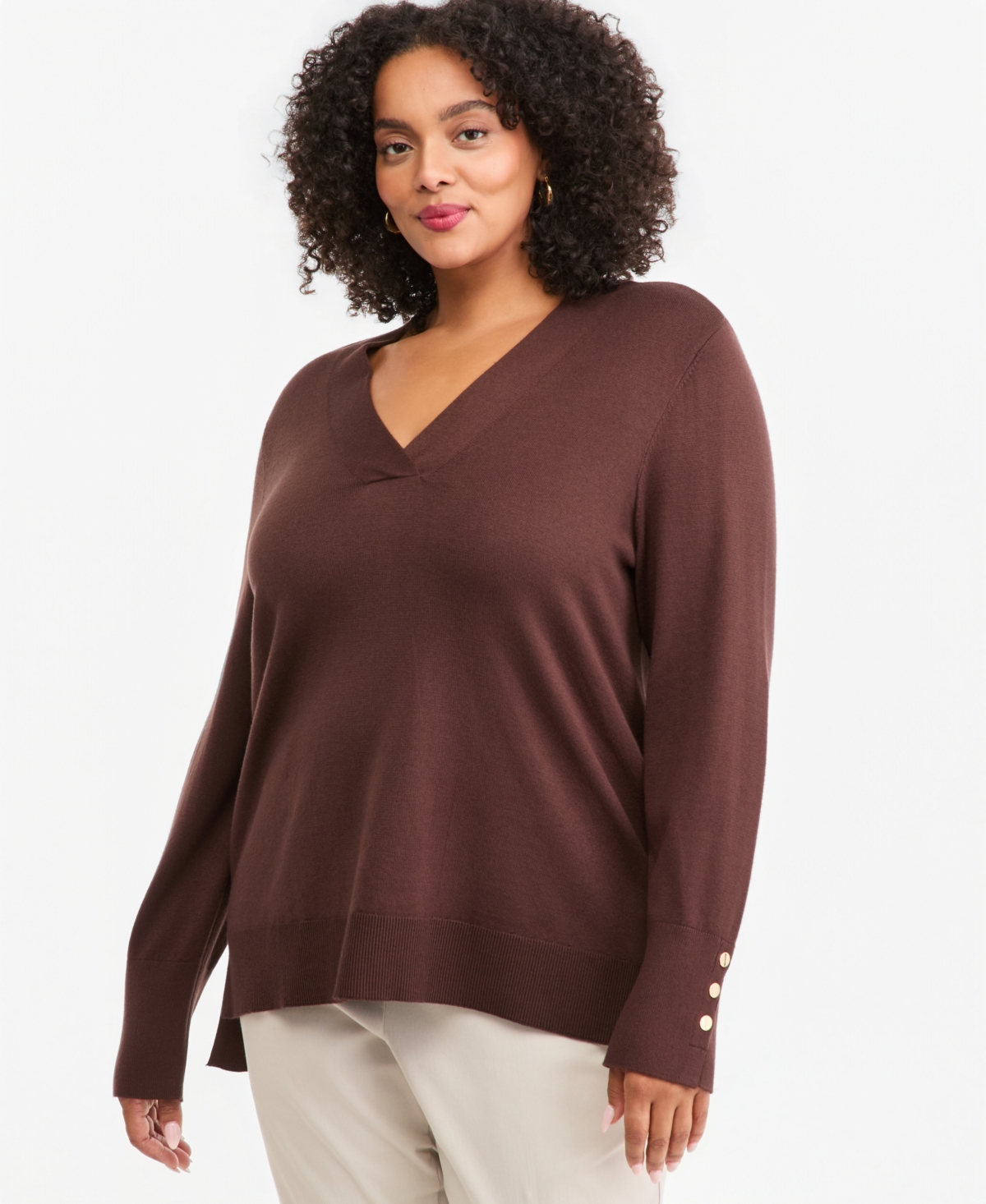 Jm Collection Plus Size High-Low Hem V-neck Sweater, Macy's Exclusive - Firewood