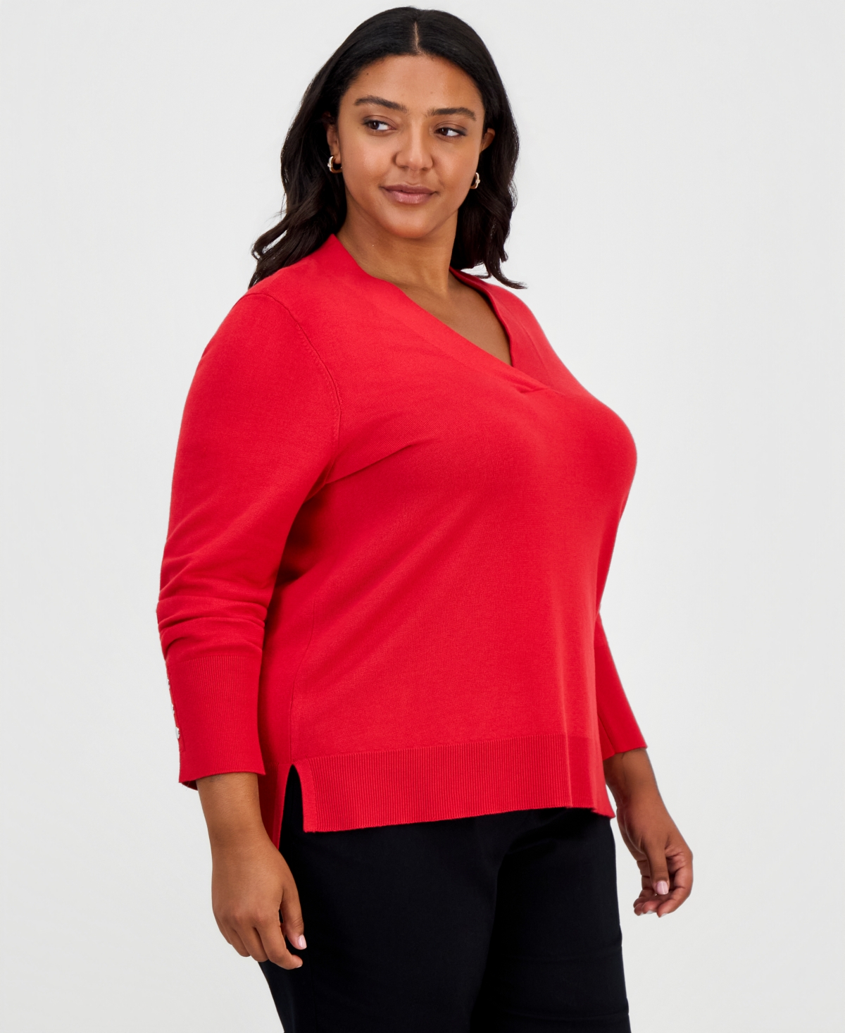 Jm Collection Plus Size High-Low Hem V-neck Sweater, Macy's Exclusive - Red