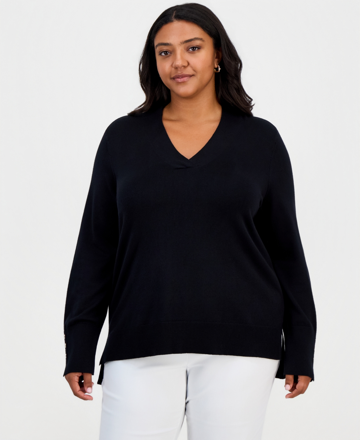 Jm Collection Plus Size High-Low Hem V-neck Sweater, Macy's Exclusive - Deep Black