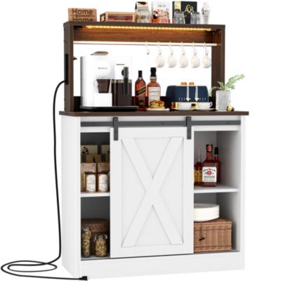 Sideboard Buffet with Charging Station, Farmhouse Coffee Bar Cabinet with Barn Door