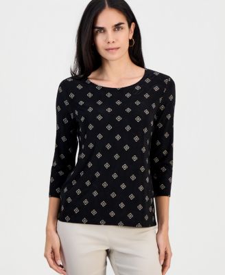 Petite Sofia Tile 3/4-Sleeve Jacquard Tee