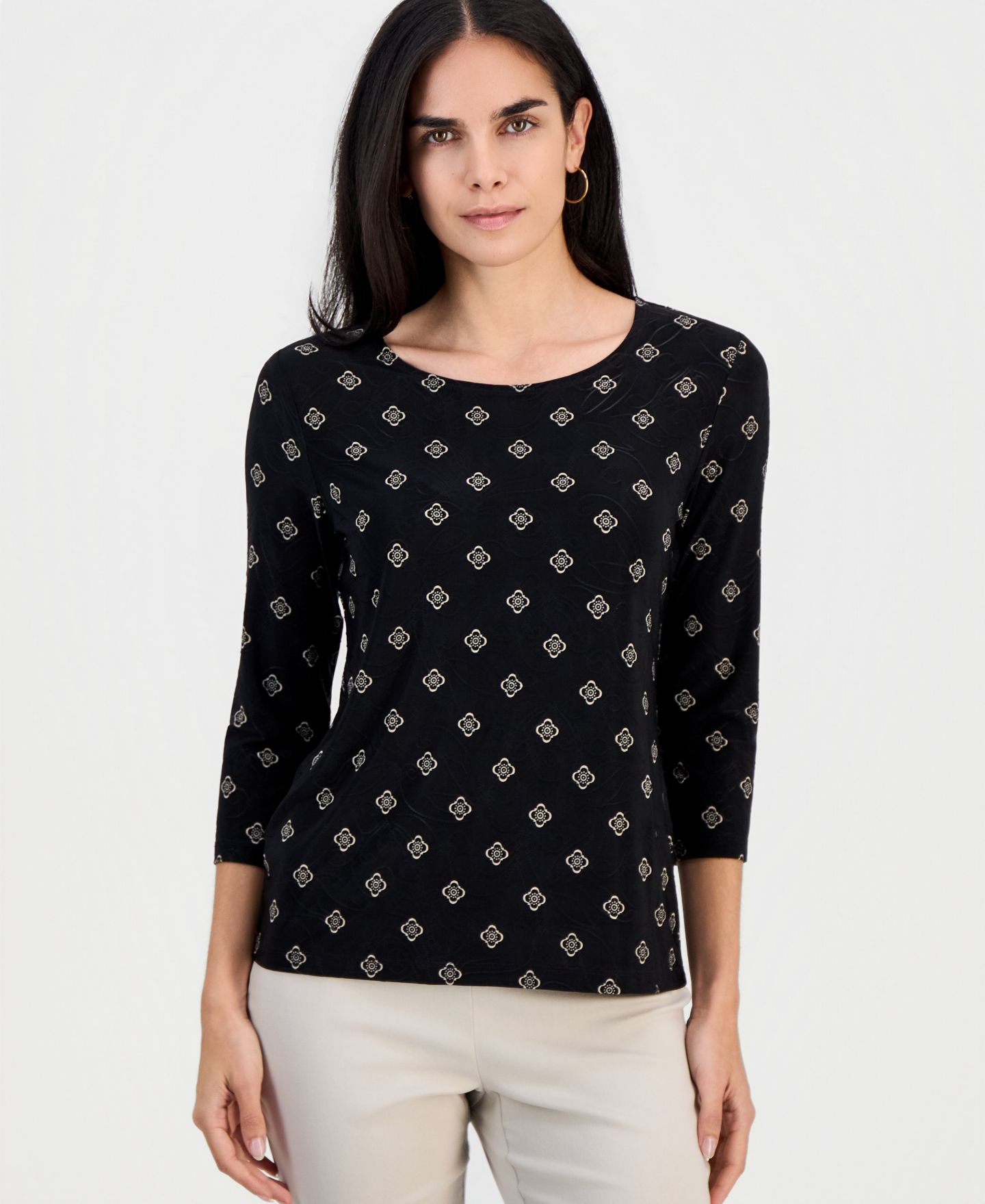 Женская футболка JM Collection Petite Sofia Tile 3/4-Sleeve Jacquard, цвет: Глубокий чёрный — фото 1