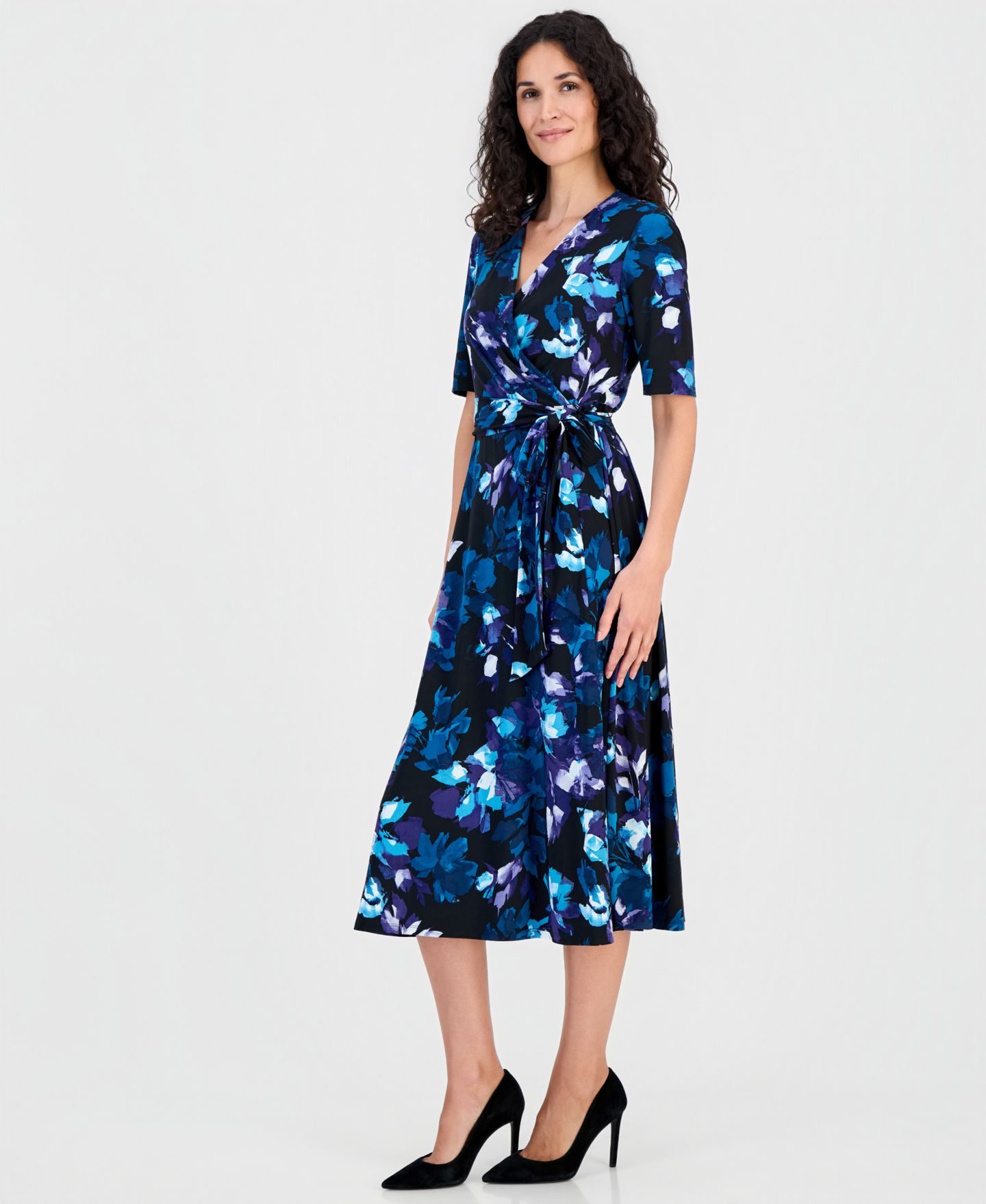 Женское платье Kasper Elbow-Sleeve Wrap-Front Fit & Flare, цвет: Чёрный разноцветный — фото 4