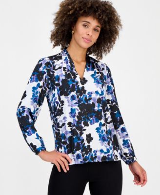 Petite Long-Sleeve V-Neck Pleated Shoulder Top