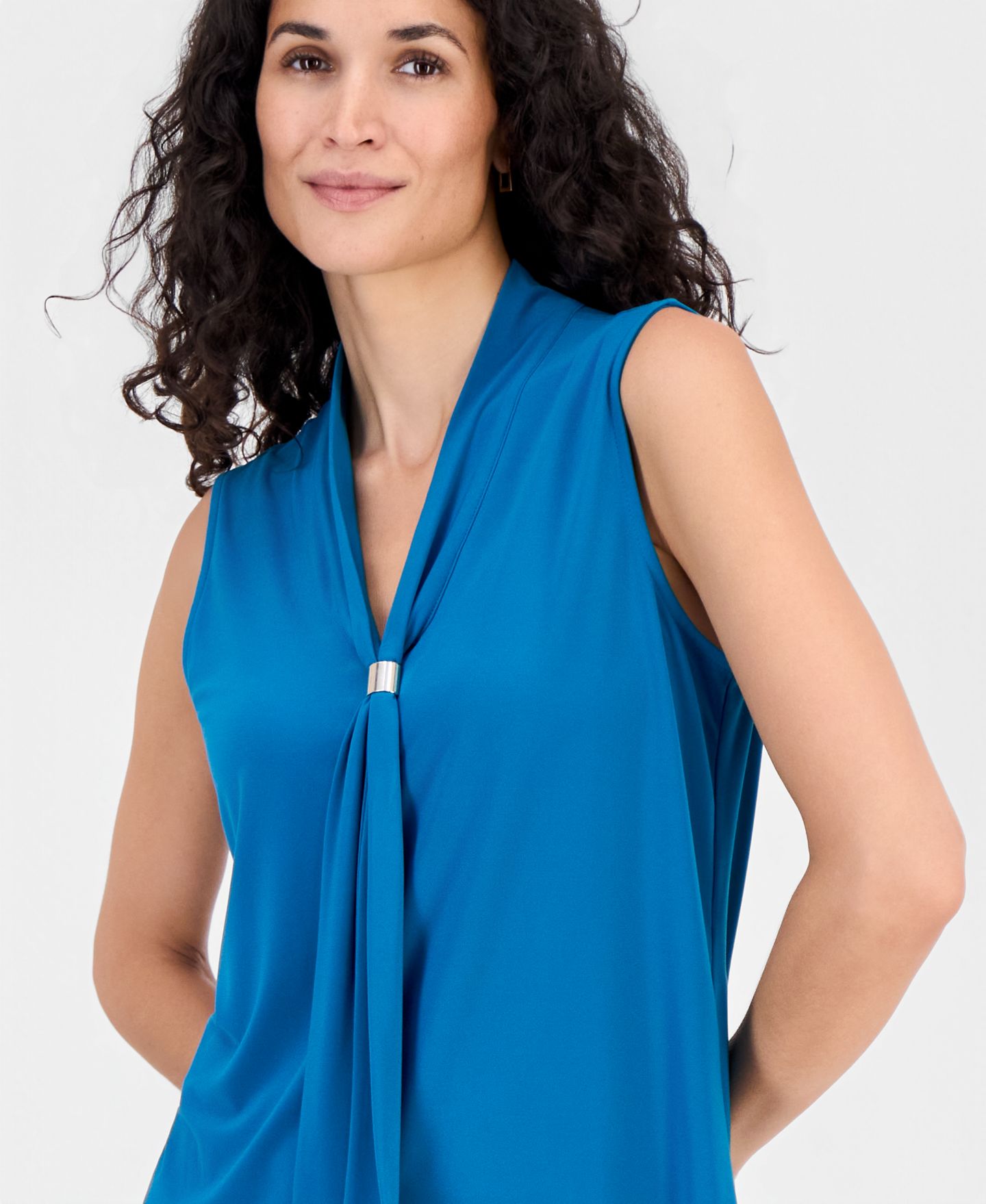 Женская блузка Kasper Embellished Tie-Neck Sleeveless Blouse, цвет: Бирюзовый — фото 3