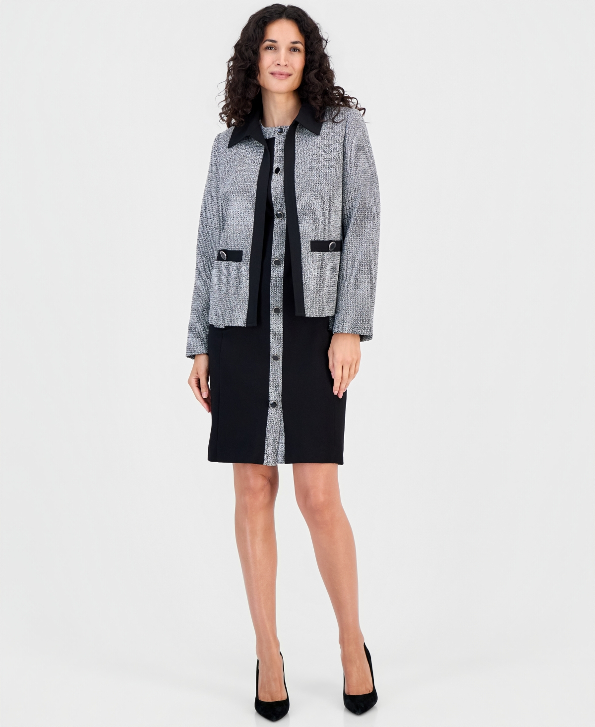 Kasper Women's Collared Tweed Combo Cardigan