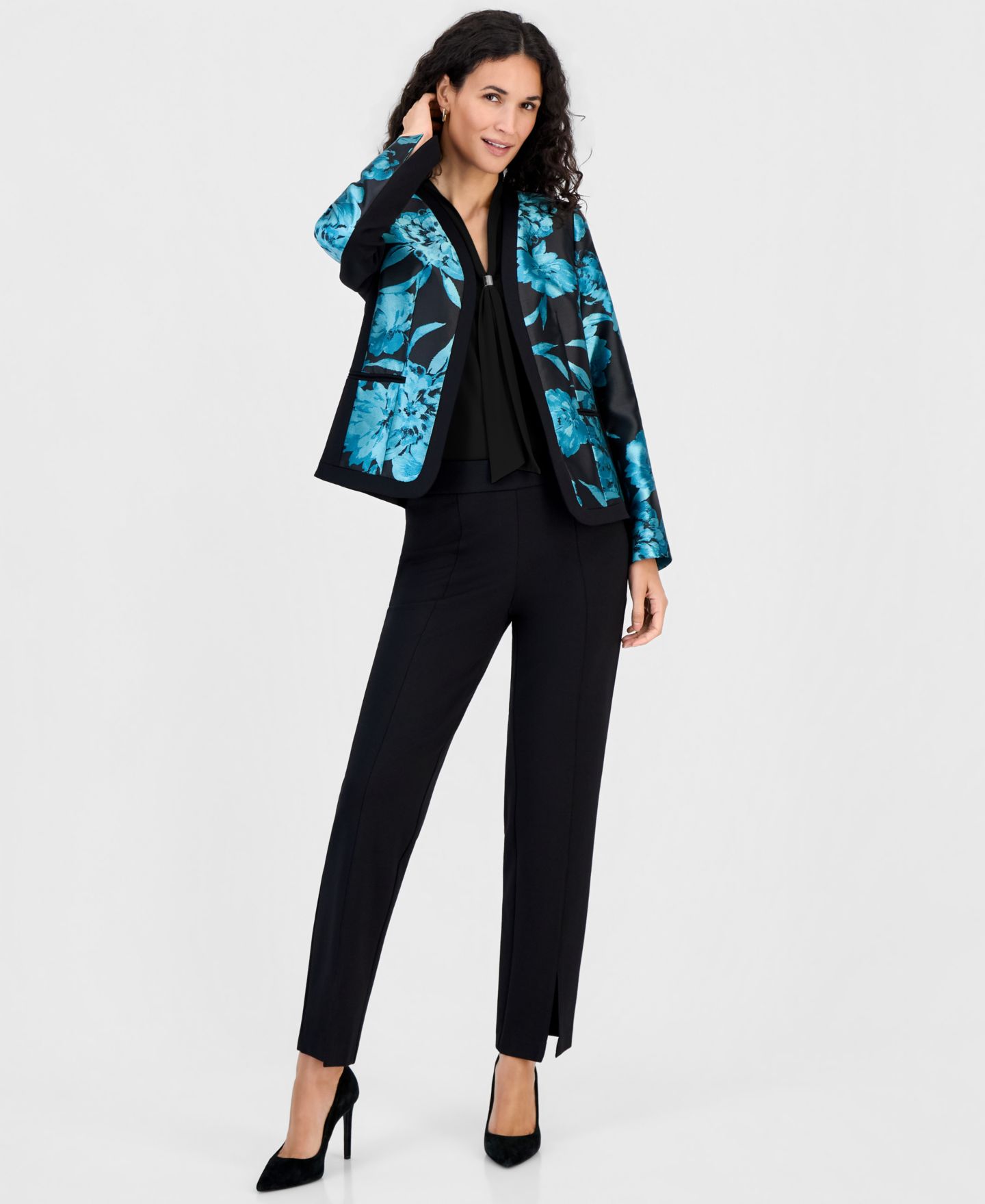 Женская куртка Kasper Collarless Floral Jacquard, цвет: Бирюзовый — фото 2