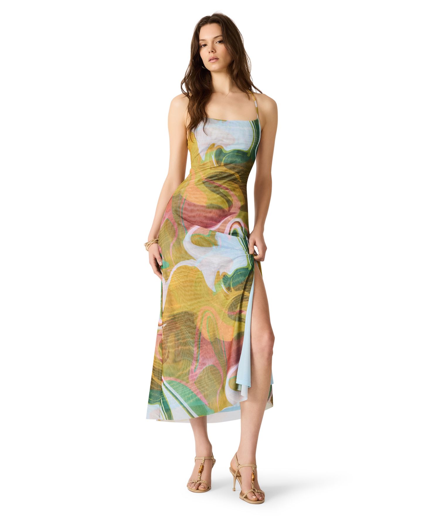Женское платье Steve Madden Adella Printed Square Neck Mesh Midi, цвет: Marble — фото 1