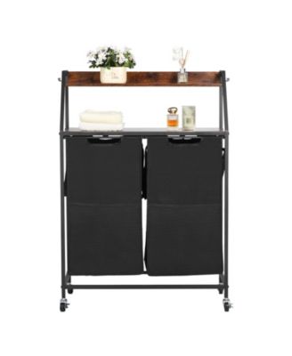 2-Tier Laundry Sorter, 2-Section Rolling Hamper with Wood Top, Ladder Shelves, Metal Frame, 600D Oxford Cloth Bags