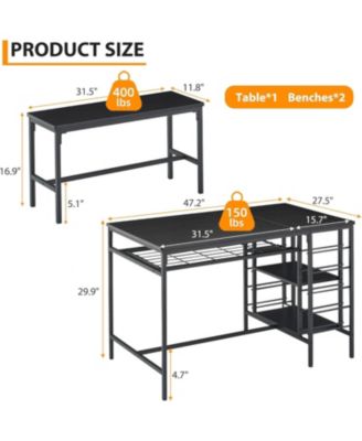 3-Piece Dining Set for 4, Table with 2 Benches, Wine Rack & Storage