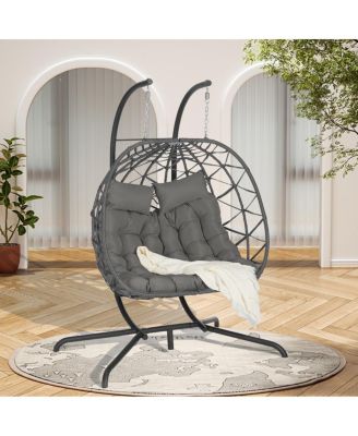 Outdoor Double Egg Chair with Stand and Cushions, Hanging Wicker Patio Swing