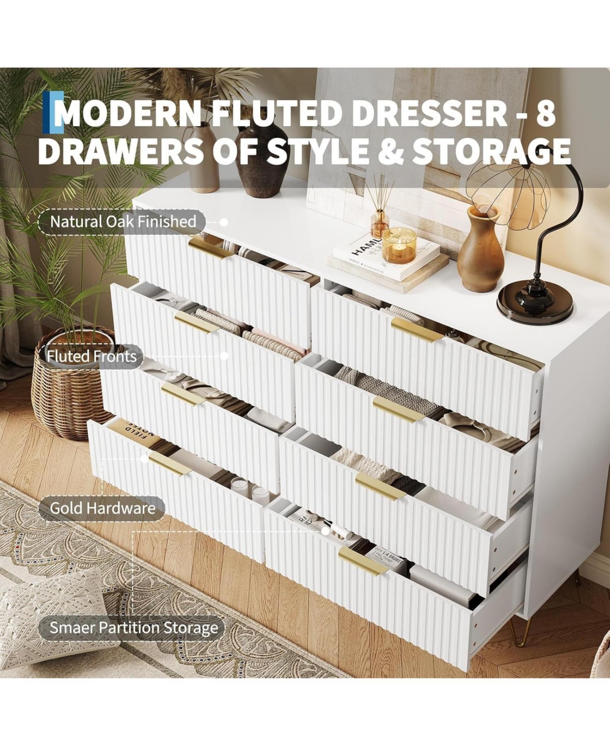 gaomon 55" 8 Drawer Modern Wood Dresser with Metal Handles, Large Bedroom Storage Chest
