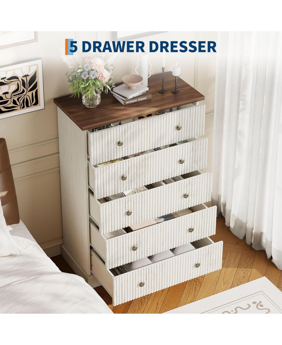 gaomon 5 Drawer Tall Wood Dresser with Metal Handles, Space-Saving Storage for Apartment