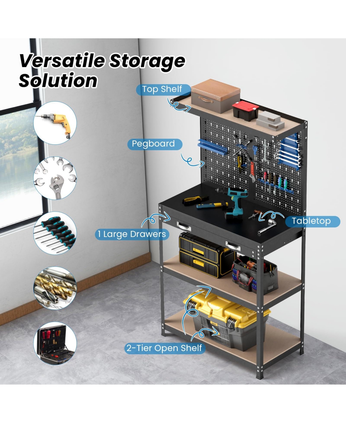 Mecale Tool Storage Workbench with Pegboard with 14 Hanging Accessories for Garage