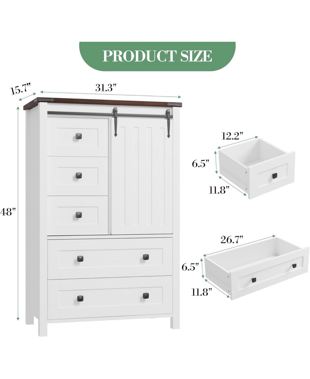 gaomon 5-Drawer Farmhouse Dresser With Barn Door And Shelves, Tall Chest