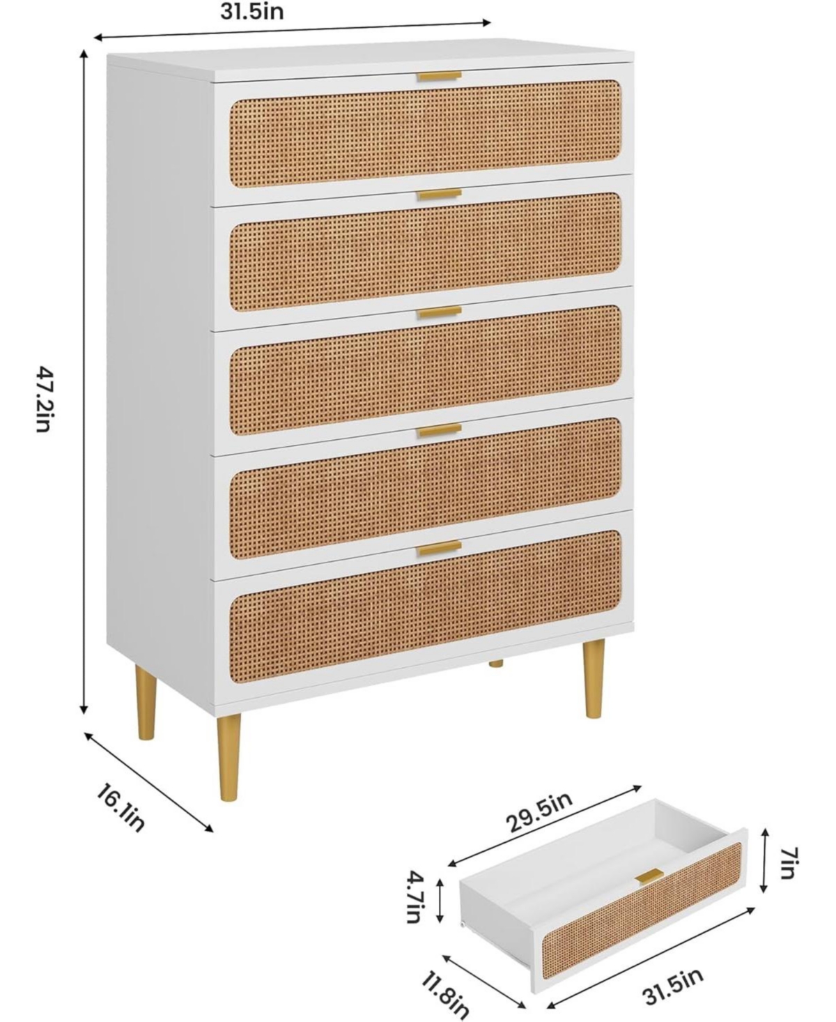 gaomon 5-Drawer Rattan Tall Dresser, Deep Storage Wood Chest