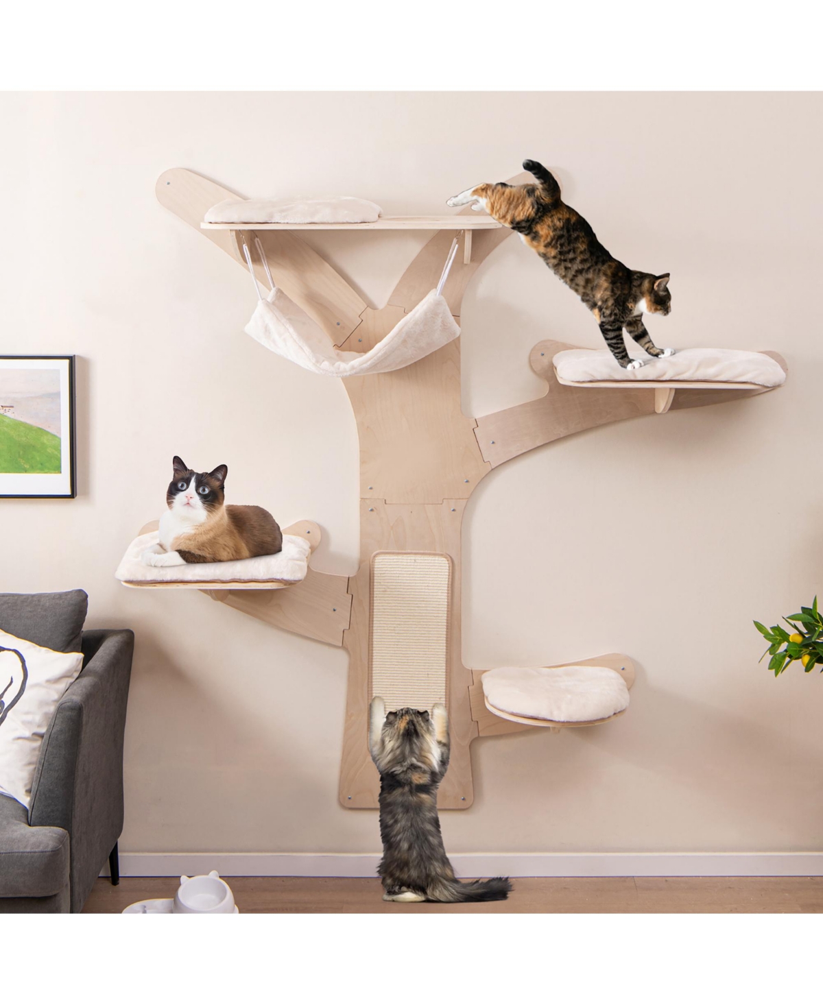 Gymax Wall-Mounted Cat Tower with Hammock 4 Platforms Sisal Scratching Mat for Indoor