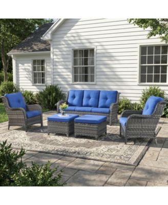 5-Pieces Patio Furniture Set, Outdoor Wicker Sofa Couch with Chairs Ottomans Red Cushions, All Weather High Back Modern Conversation Set