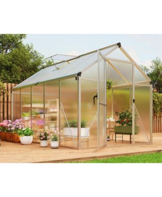 Outdoor Polycarbonate Greenhouse, Walk-In Hobby Greenhouse with Sliding Doors, Adjustable Roof Vent and Aluminum Frame
