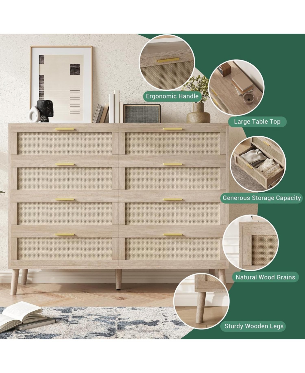 gaomon 8-Drawer Natural Rattan Dresser with 5 Legs & Gold Handles.