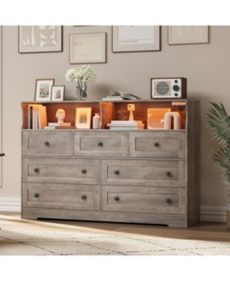 7 Drawer Wood Dresser with USB Charging & LED Lights, 2 Open Cubbies, Storage Organizer for Living Room
