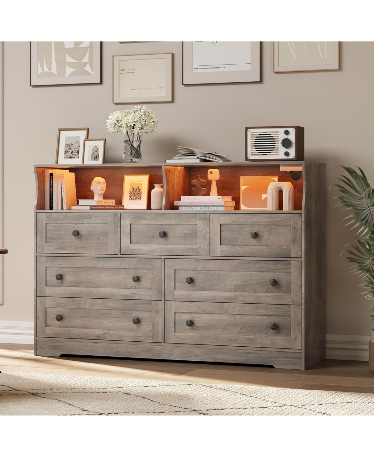 gaomon 7 Drawer Wood Dresser with Usb Charging & Led Lights, 2 Open Cubbies