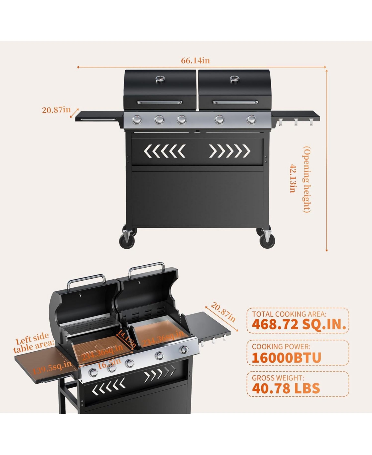 Xo Stainless Steel 5 Burners Gas Grill Griddle Combo for Backyard Patio, Total Cooking Area